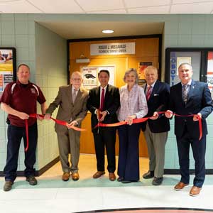 Ribbon Cutting (Left to Right) John Brajkovich, Dennis Missavage (Brother of Roger Missavage), Dean Liu, Arlene Liss (Sister of Roger), Gene Liss (Arlene’s Husband and Brother-In-Law of Roger), and Jason Fairfield